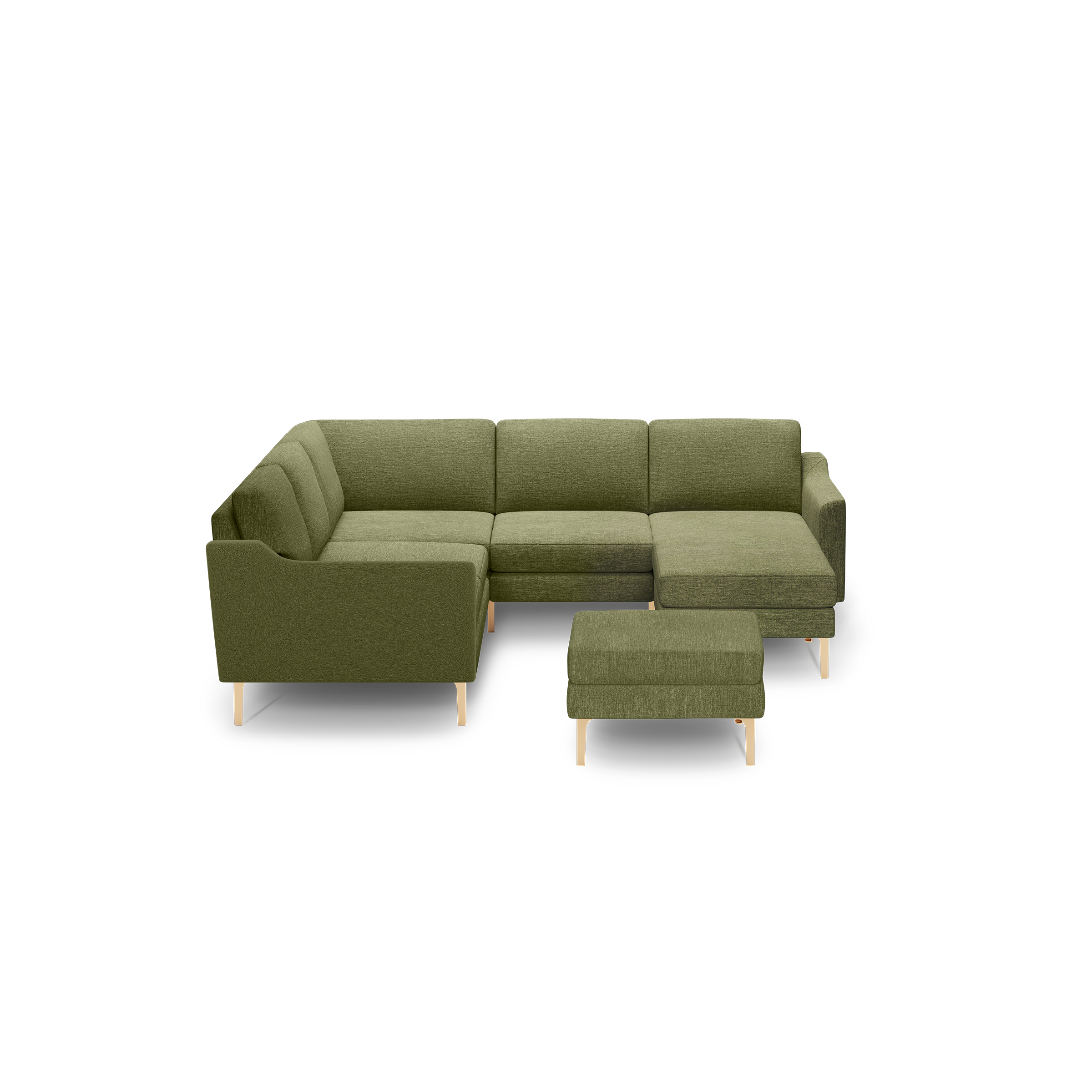 Olive green L-shaped sectional sofa with matching ottoman, wooden legs, and cushioned seating for modern living rooms.