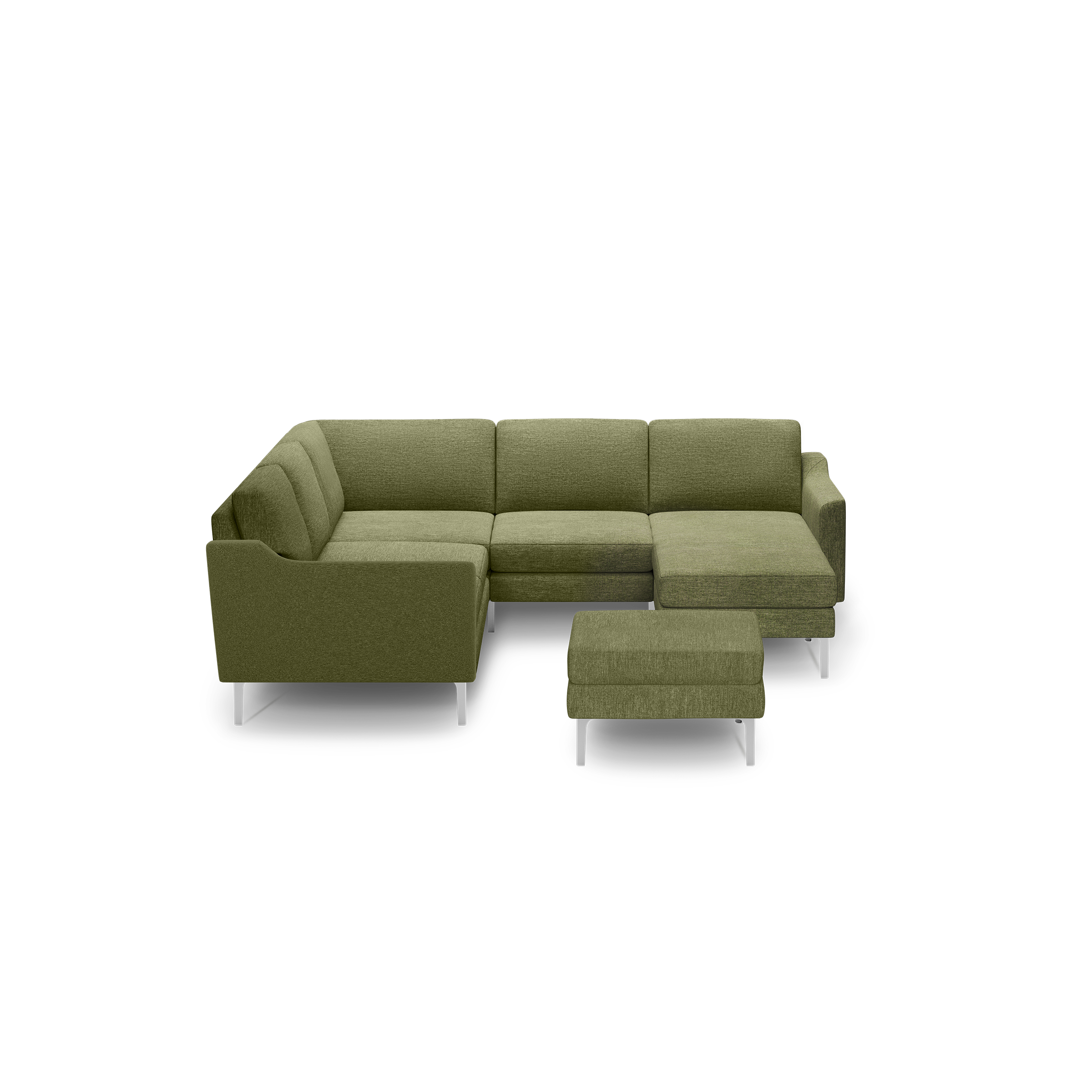 Green fabric L-shaped sectional sofa with matching ottoman and chrome legs, featuring modern clean lines and cushioned seating.