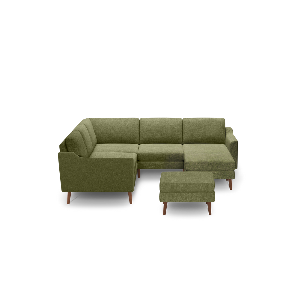 Modern olive green fabric sectional sofa with wooden legs and matching ottoman, designed for comfortable seating.