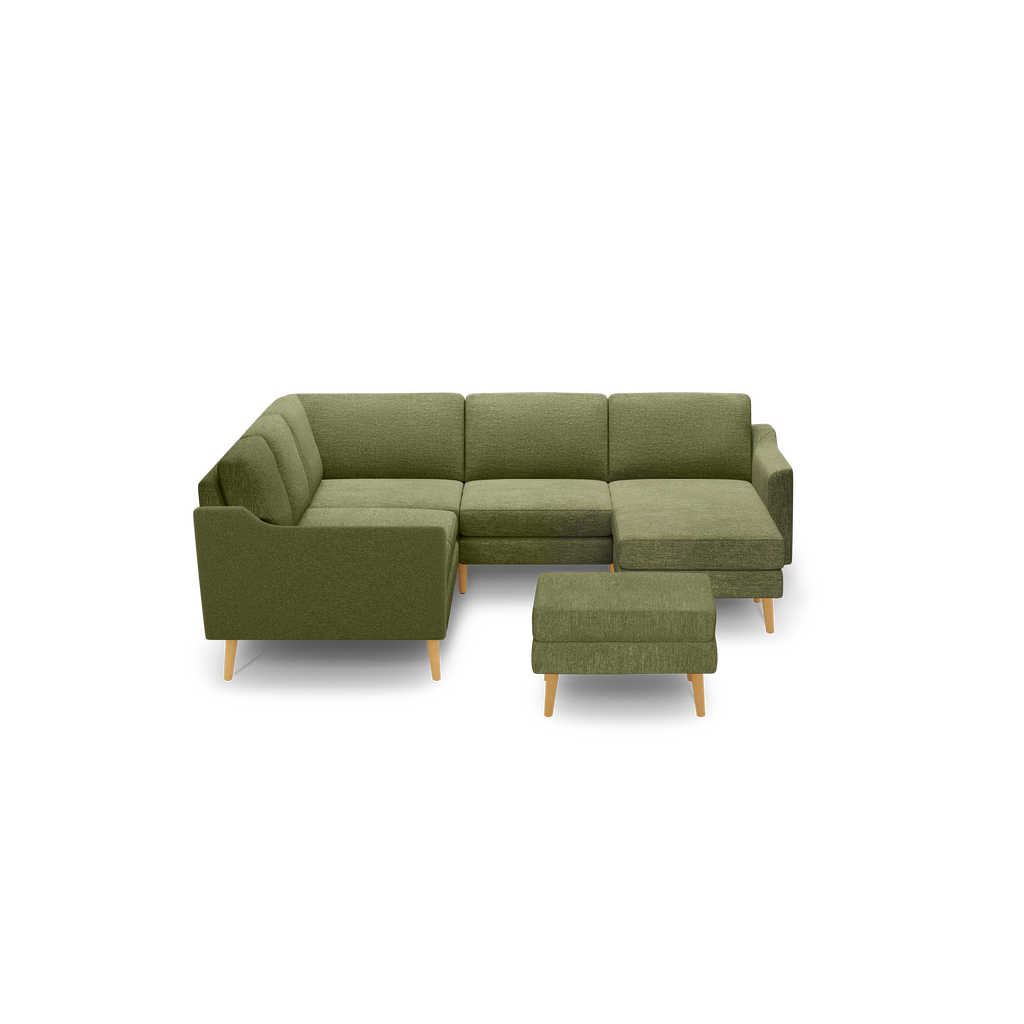 Olive green fabric sectional sofa with wooden tapered legs and matching ottoman, modern and compact design.
