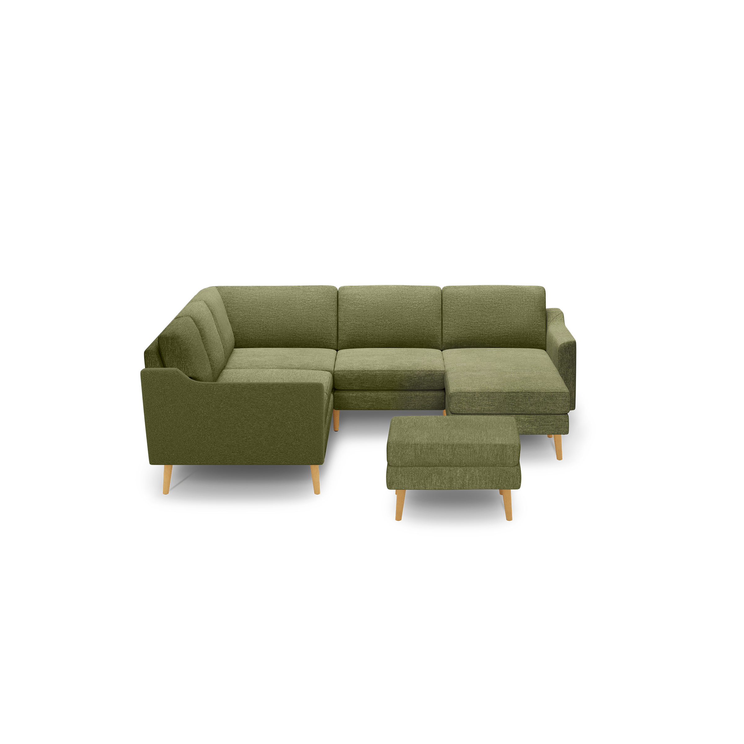 Olive green fabric sectional sofa with wooden tapered legs and matching ottoman, modern and compact design.