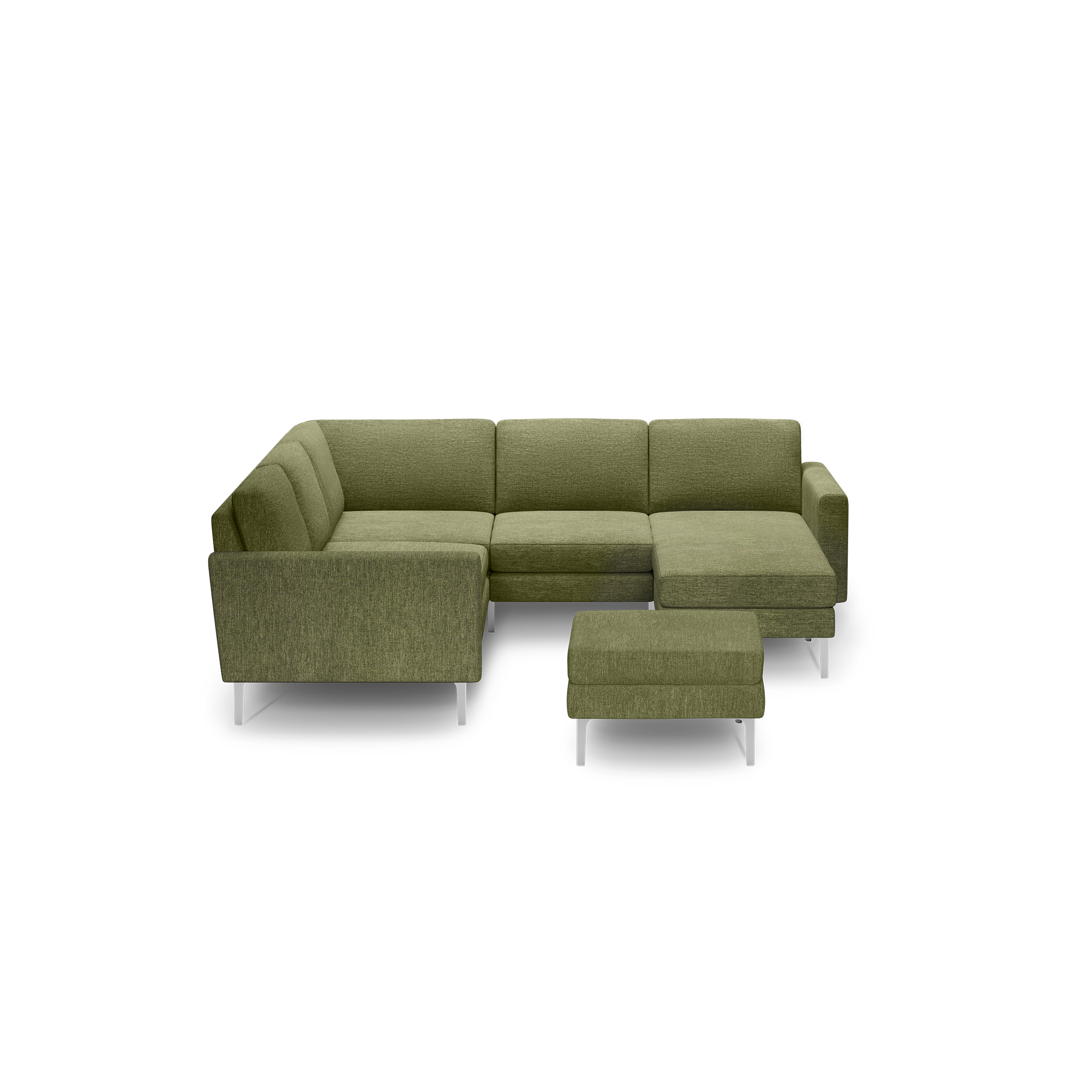 Olive green fabric sectional sofa with clean lines, metal legs, and a matching ottoman on a black background.