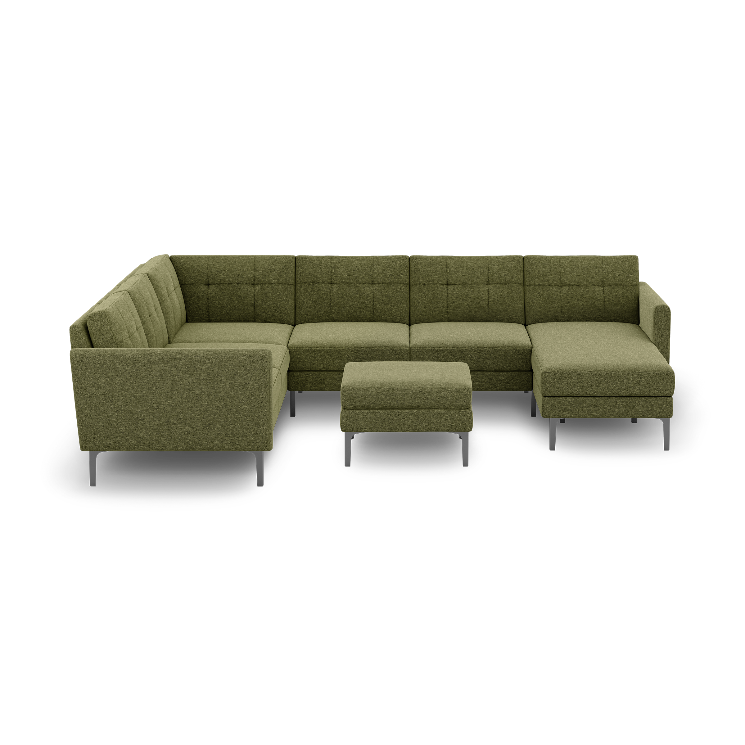 Modern olive green fabric sectional sofa with tufted back cushions, matching ottoman, and sleek metal legs on black background.