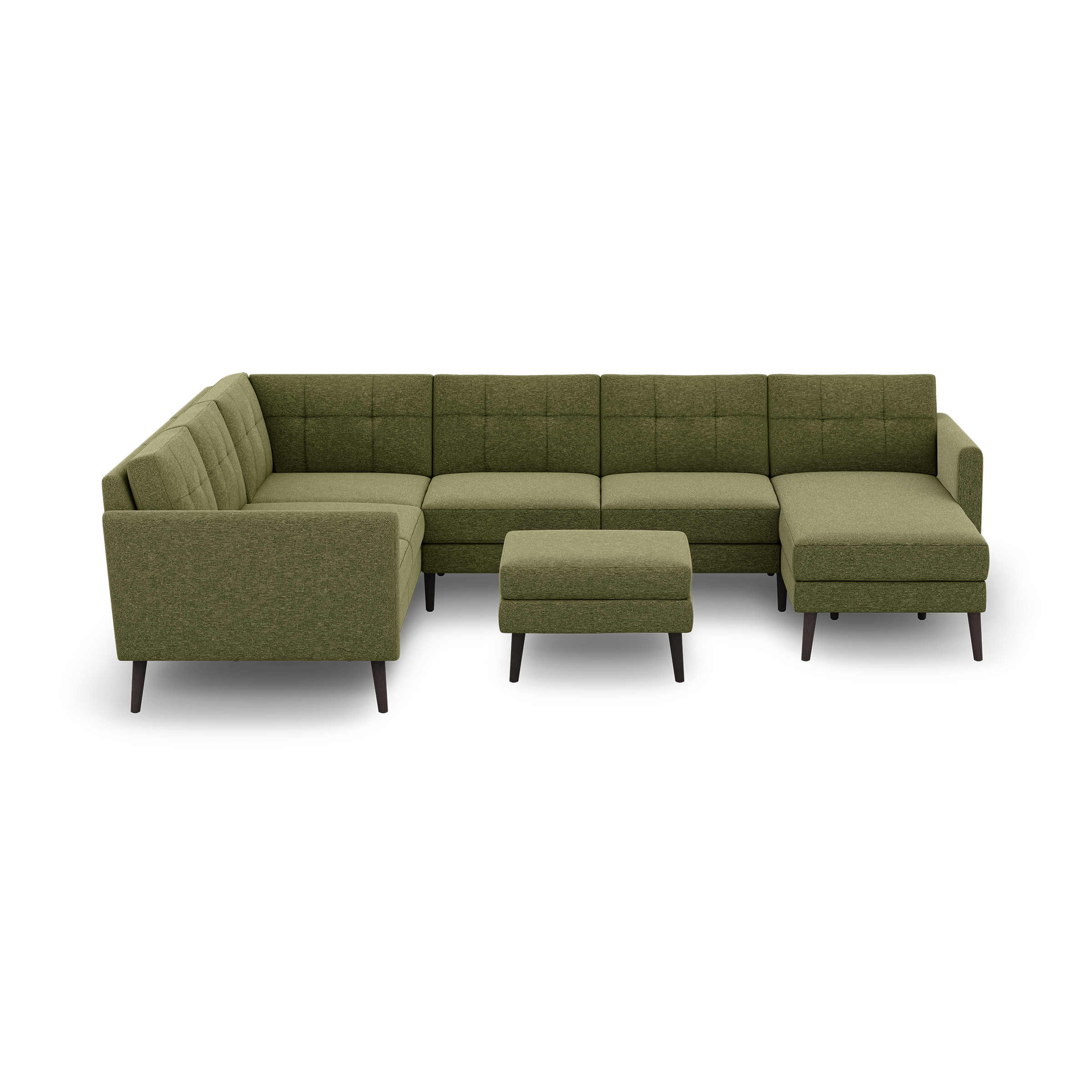 Olive green mid-century modern sectional sofa with tufted cushions, matching ottoman, and dark tapered wooden legs.