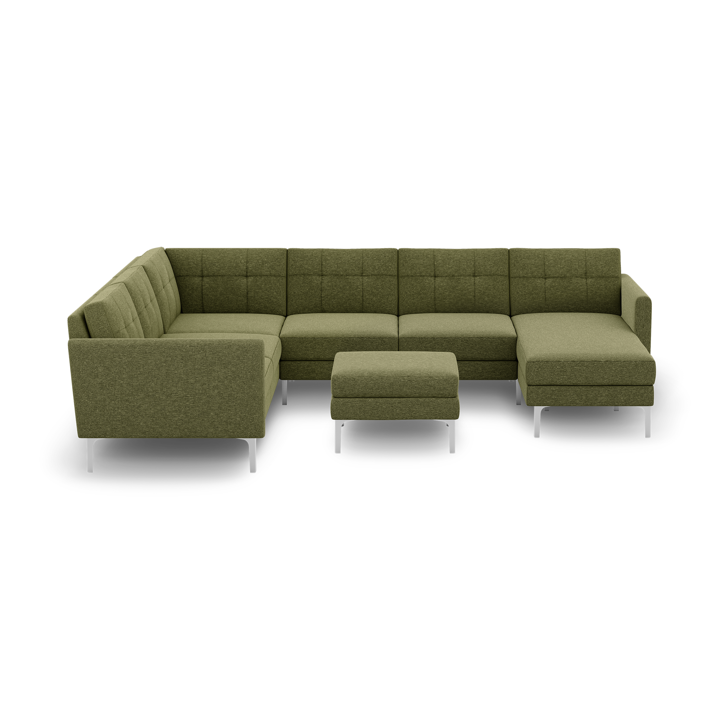 Green fabric L-shaped sectional sofa with tufted cushions and matching ottoman on metal legs, isolated on black background.