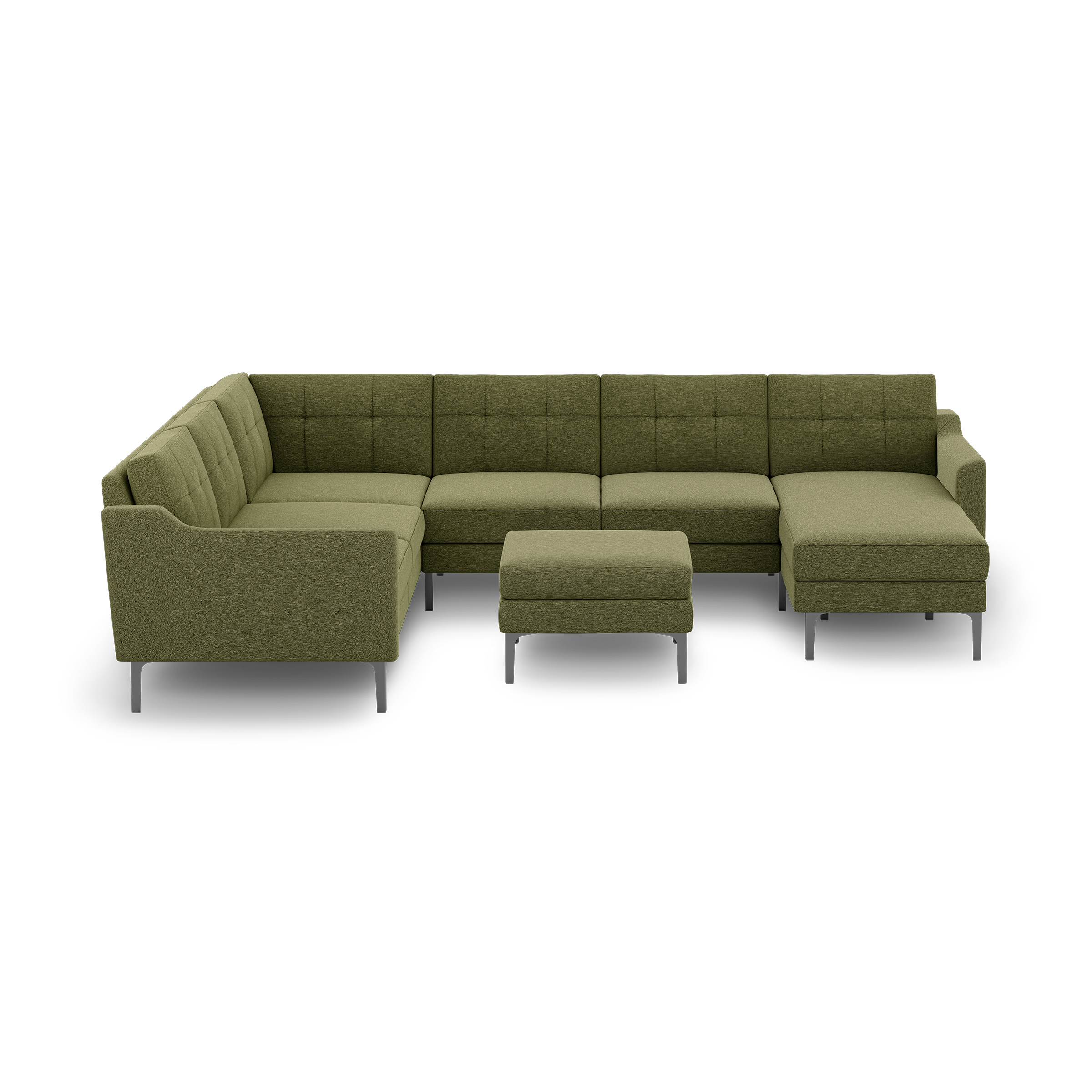 Olive green sectional sofa with tufted back cushions and metal legs, including matching ottoman, shown on black background.