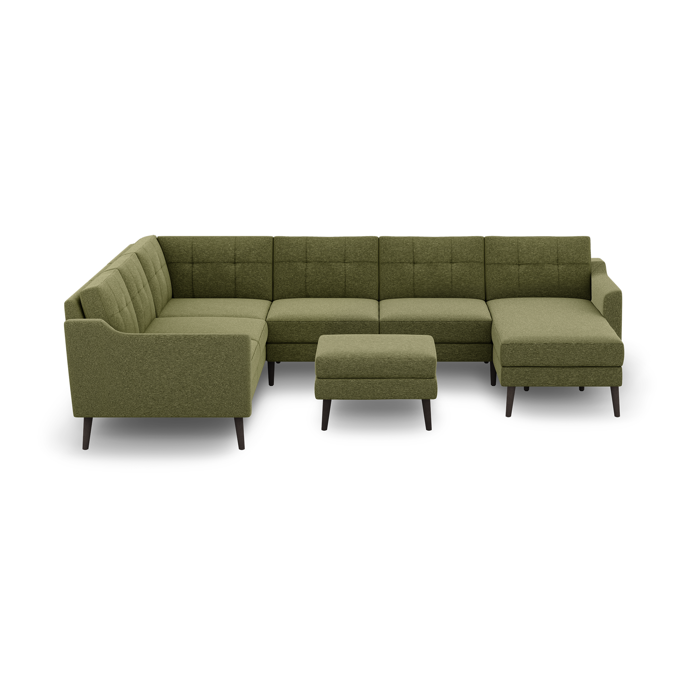 Olive green L-shaped sectional sofa with tufted back cushions and matching ottoman, featuring wooden legs and modern design.