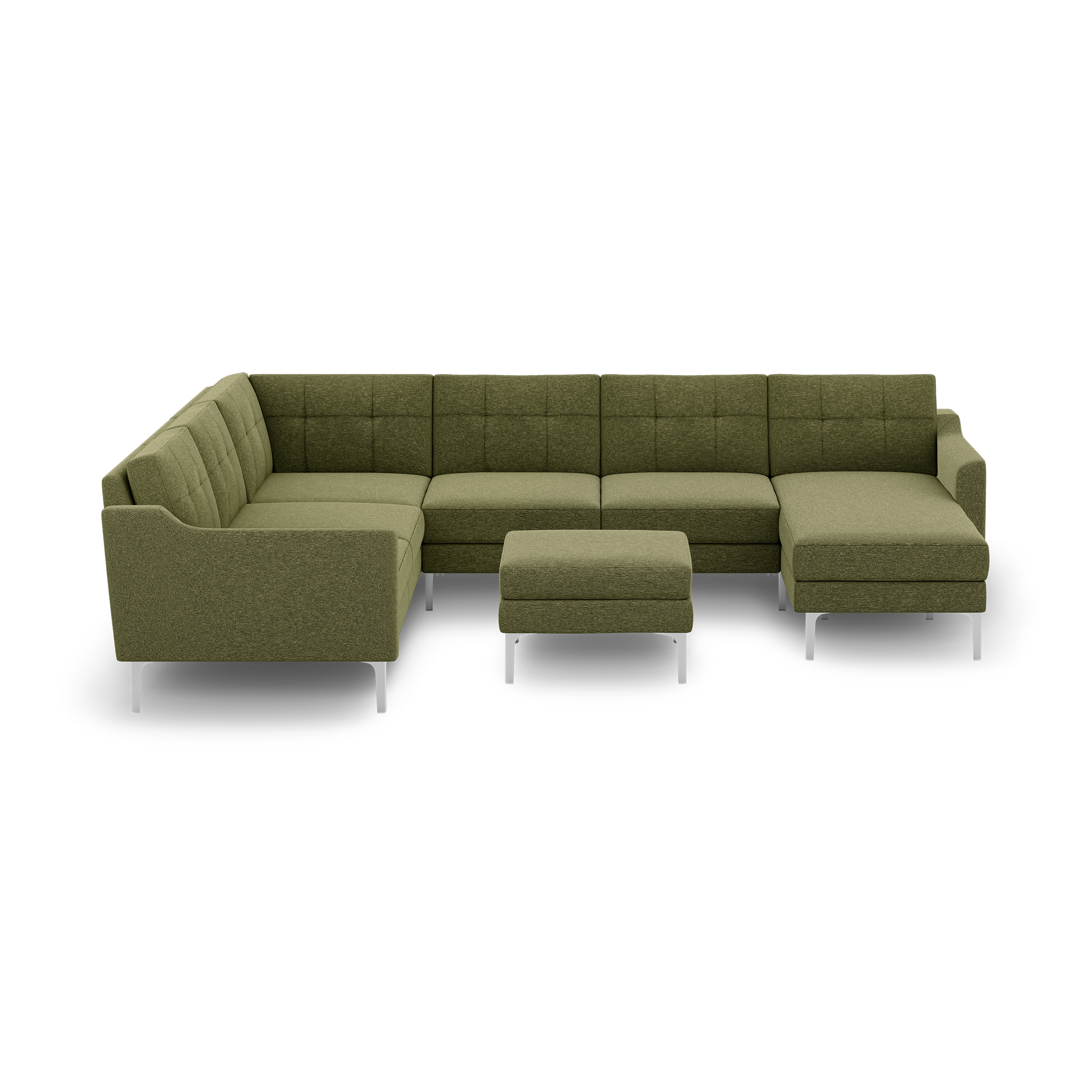 Modern olive green upholstered L-shaped sectional sofa with tufted back cushions and matching ottoman, featuring slim metal legs.