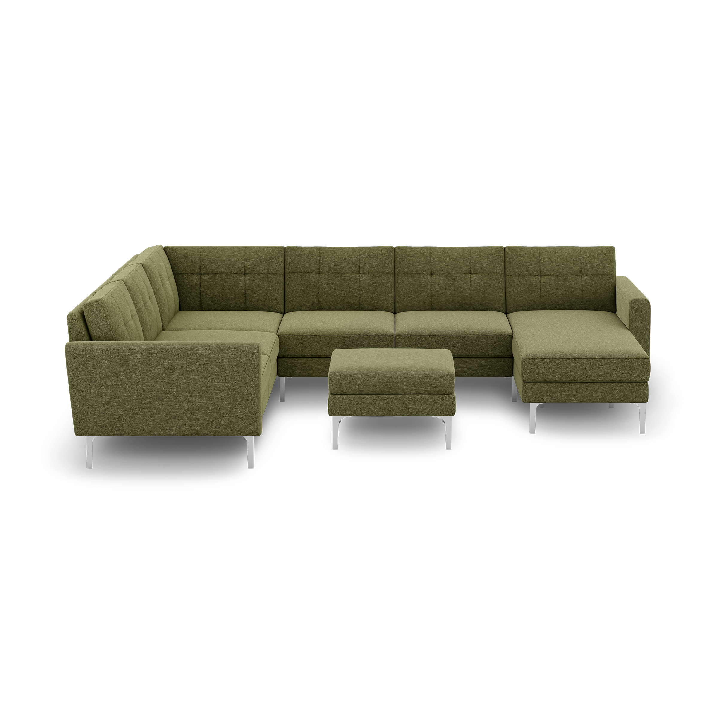 Modern olive green fabric sectional sofa with tufted cushions, metal legs, and matching ottoman on black background.