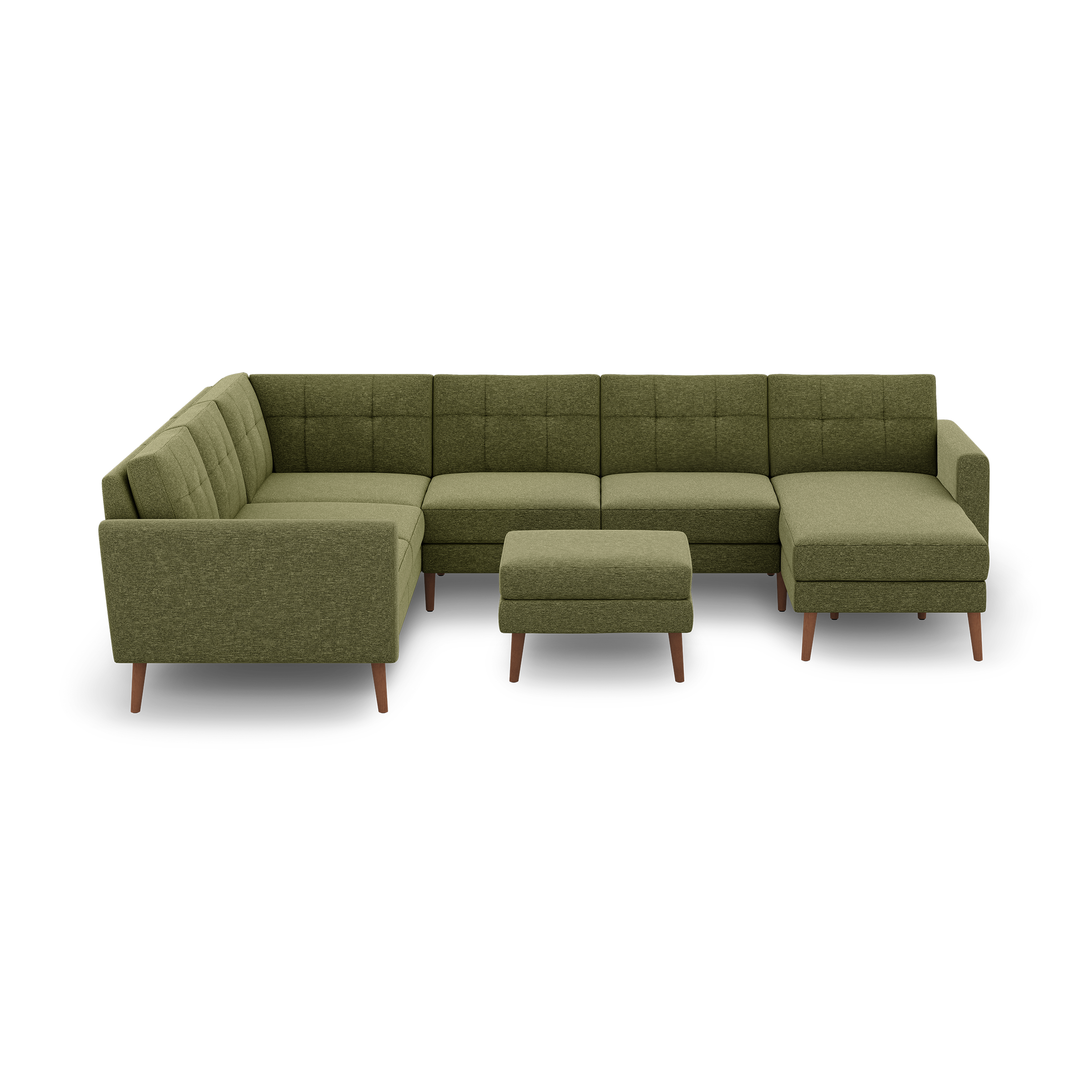 Modern olive green fabric sectional sofa with tufted backrests, wooden legs, and matching ottoman, isolated on black background.