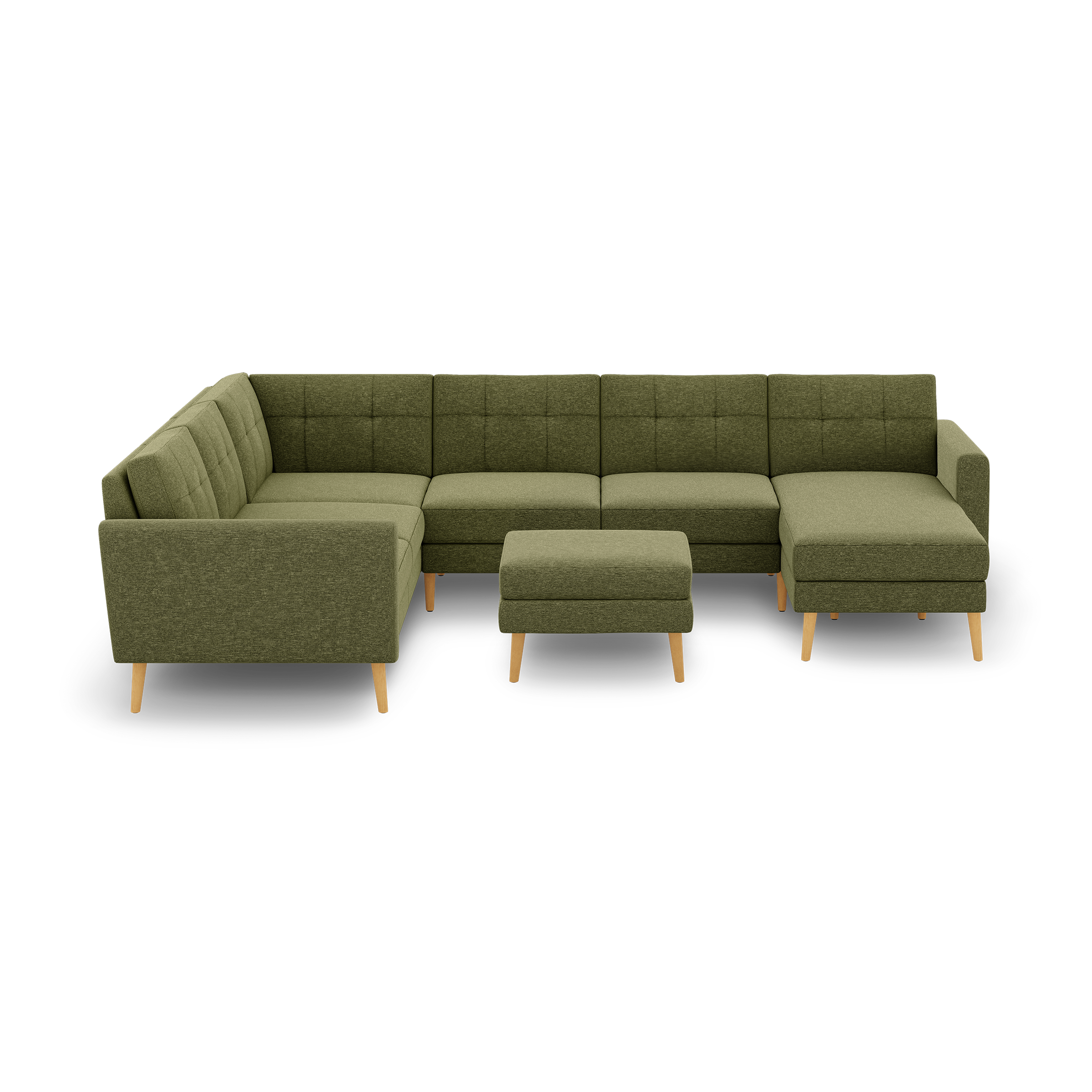 Green fabric L-shaped sectional sofa with tufted back cushions and wooden legs, accompanied by a matching green ottoman.