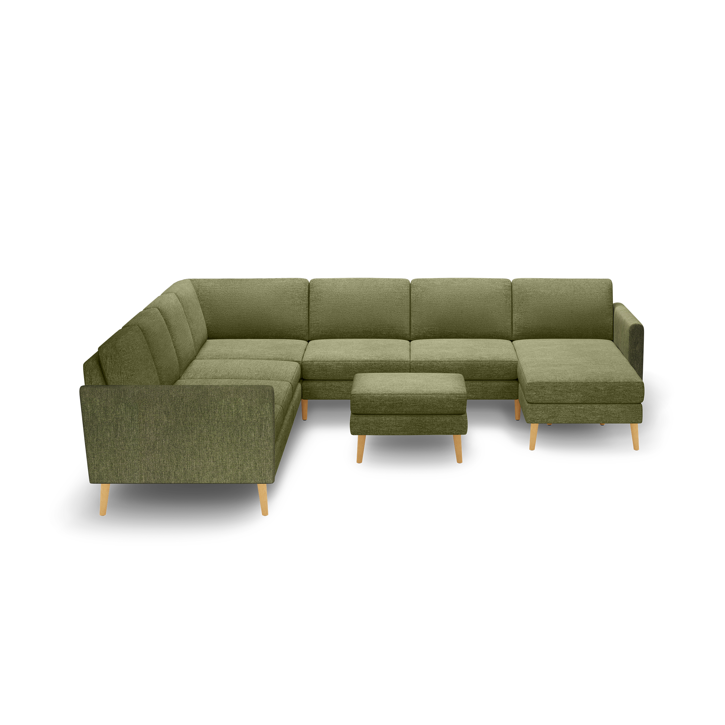 Green fabric L-shaped sectional sofa with wooden legs and matching ottoman, modern and spacious design for living room.