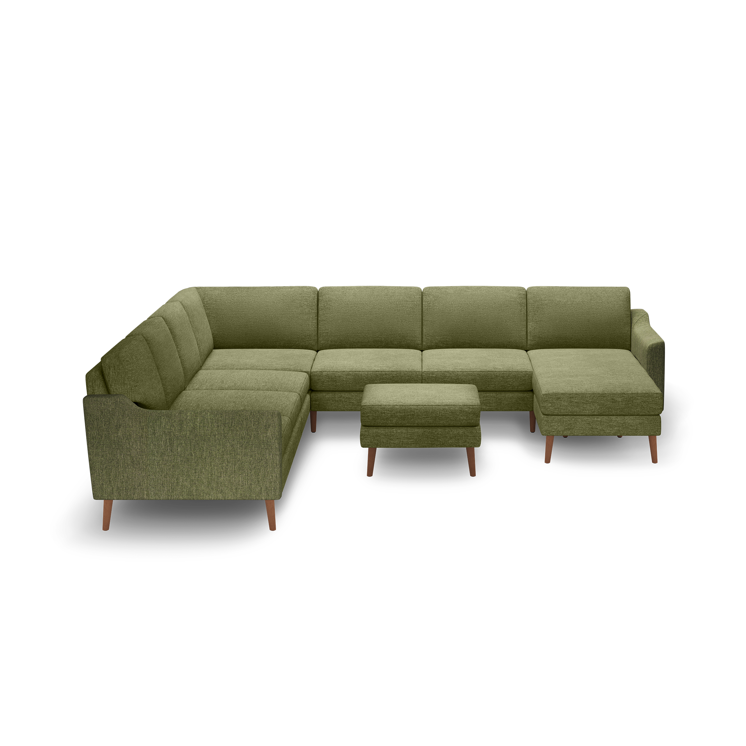 Olive green fabric L-shaped sectional sofa with wooden legs and a matching ottoman, featuring clean lines and modern design.