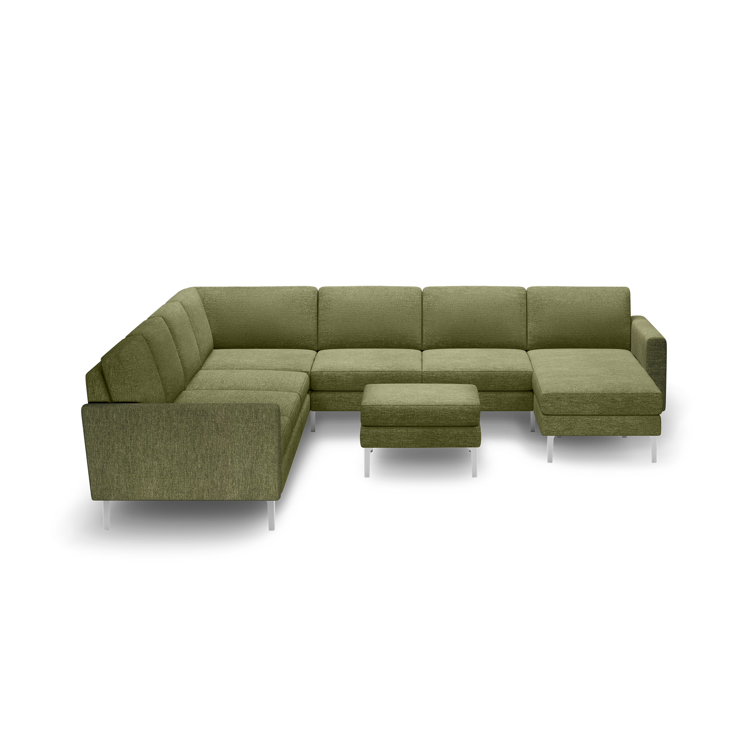 Olive green modern L-shaped sectional sofa with metal legs and matching ottoman, upholstered in textured fabric.