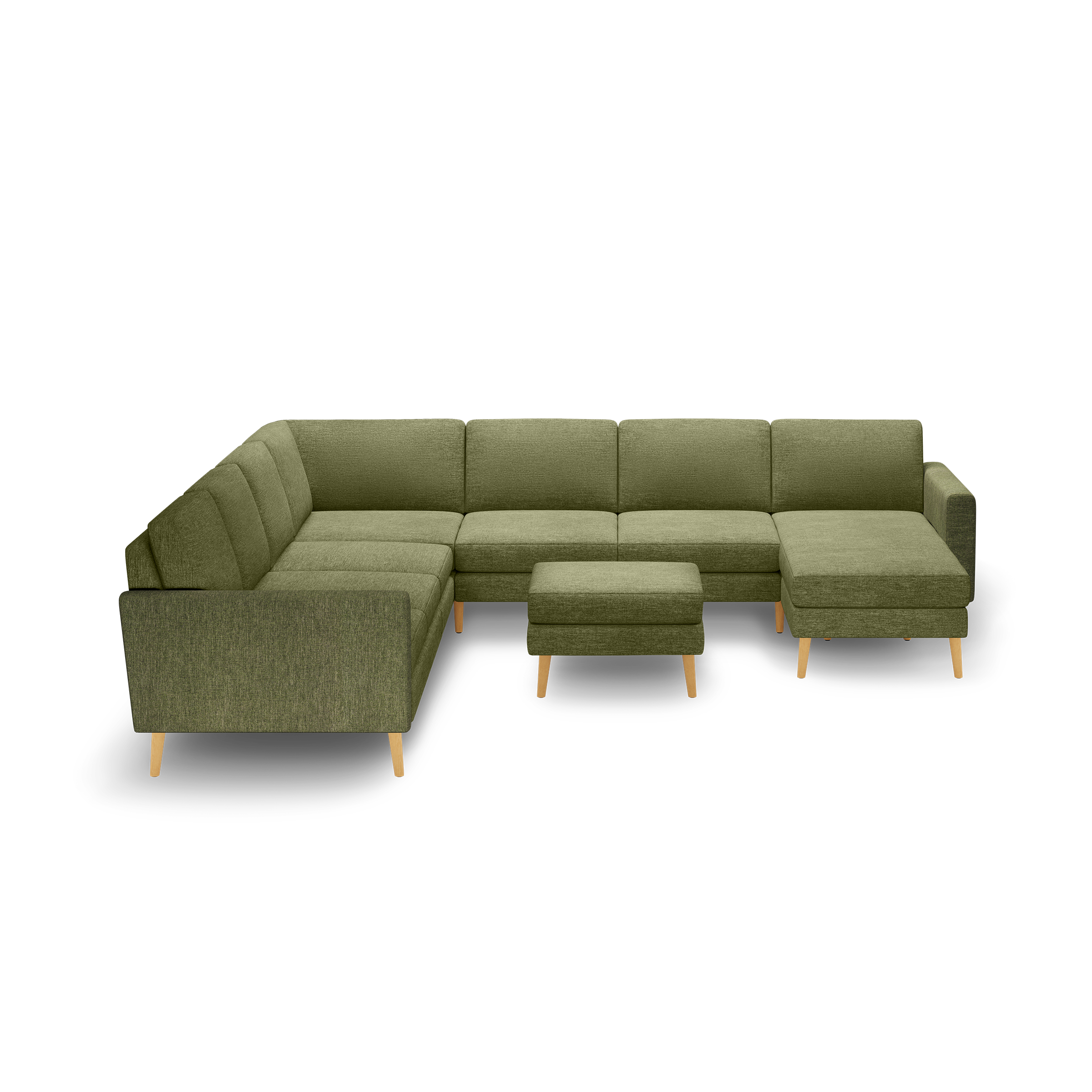 Modern olive green L-shaped sectional sofa with wooden legs and matching ottoman, featuring plush cushions and a chaise lounge.