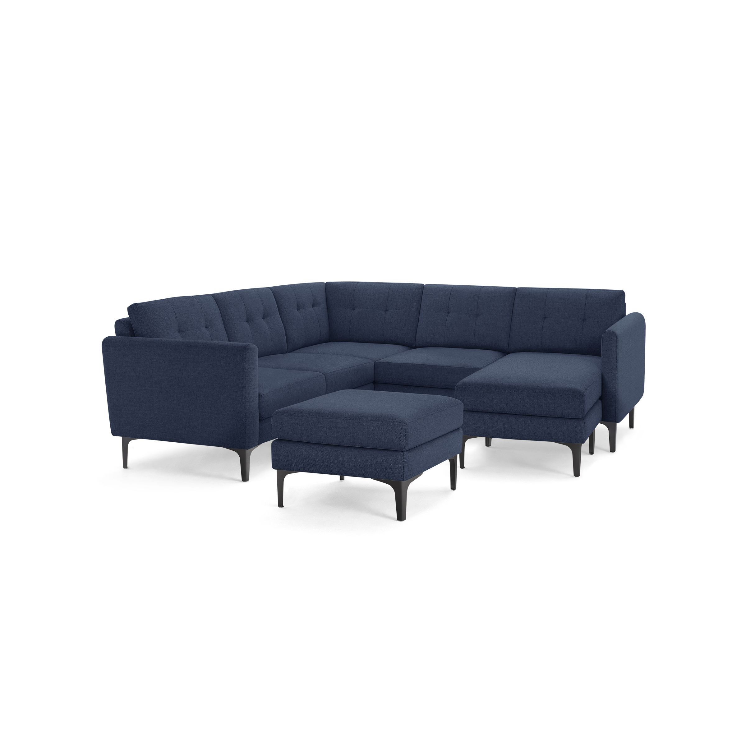 Modern navy blue fabric sectional sofa with tufted cushions, L-shape design, black metal legs, and a matching ottoman.