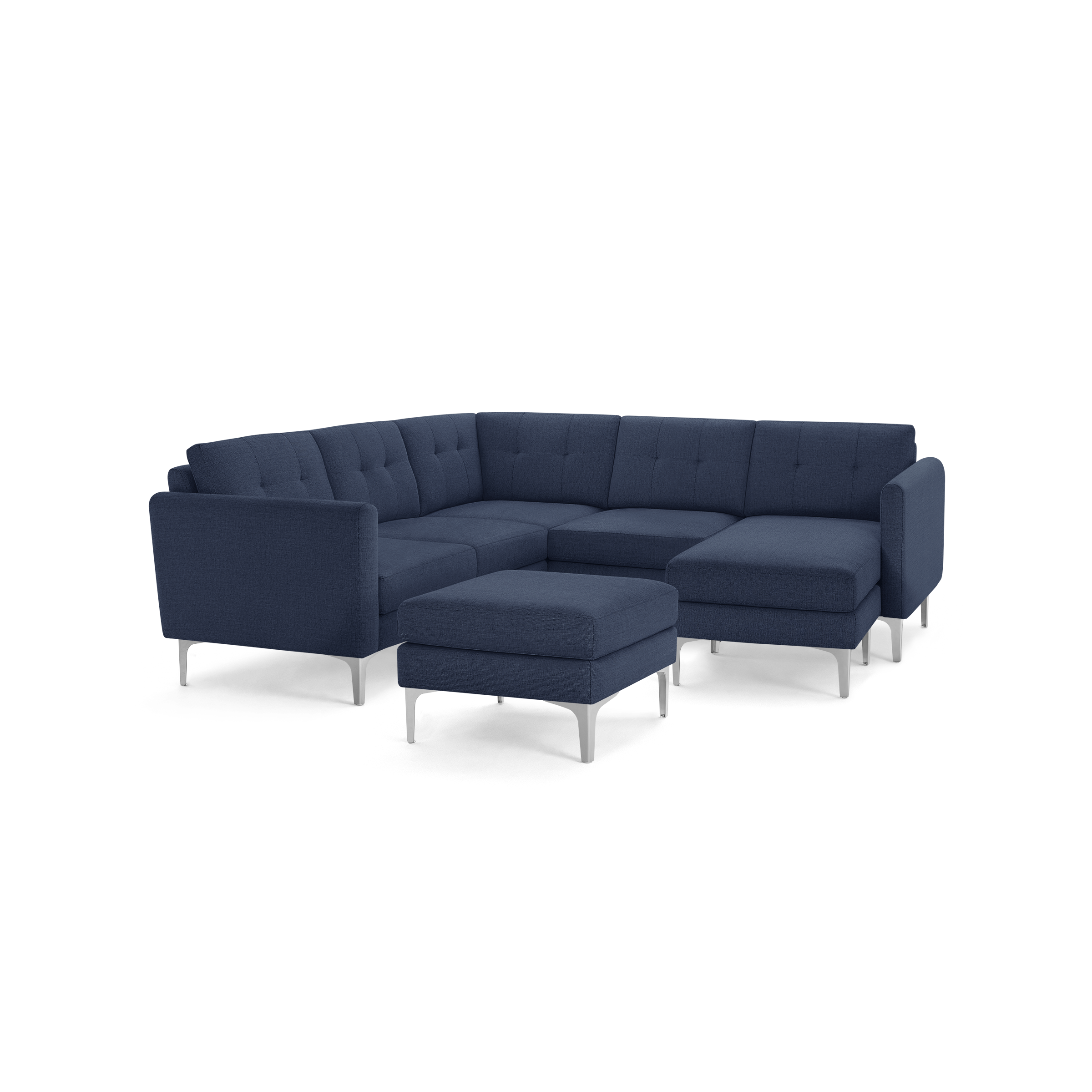 Modern navy blue fabric sectional sofa with metal legs and matching ottoman, featuring tufted cushions and clean lines.
