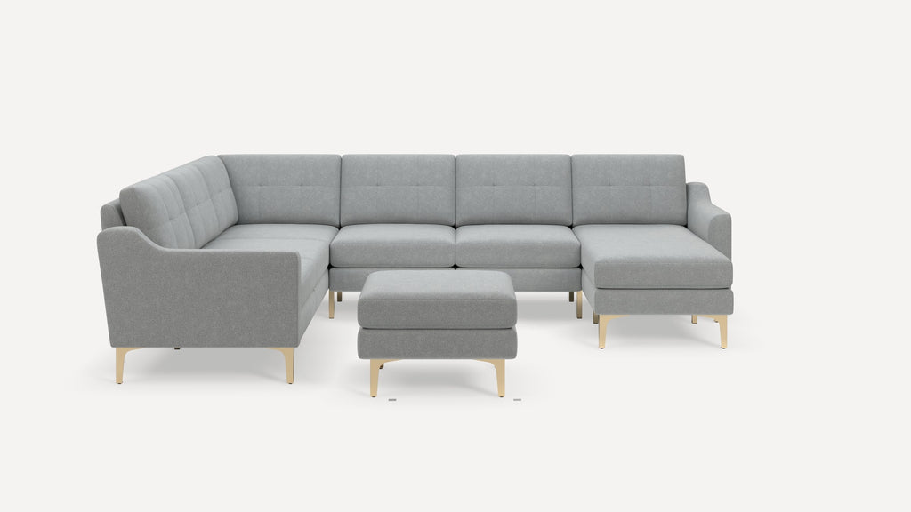 Nomad Plus 6-Seat Corner Sectional with Chaise and Ottoman - Crushed Gravel - Performance Chenille / Brass - Metal / Slope Arm