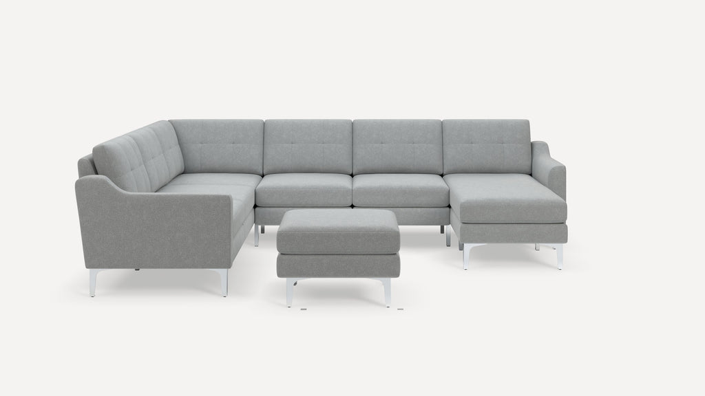 Nomad Plus 6-Seat Corner Sectional with Chaise and Ottoman - Crushed Gravel - Performance Chenille / Chrome - Metal / Slope Arm