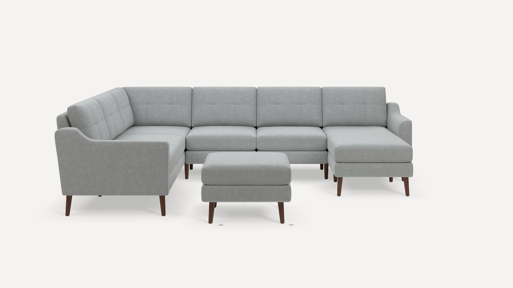 Nomad Plus 6-Seat Corner Sectional with Chaise and Ottoman - Crushed Gravel - Performance Chenille / Walnut - Wood / Slope Arm