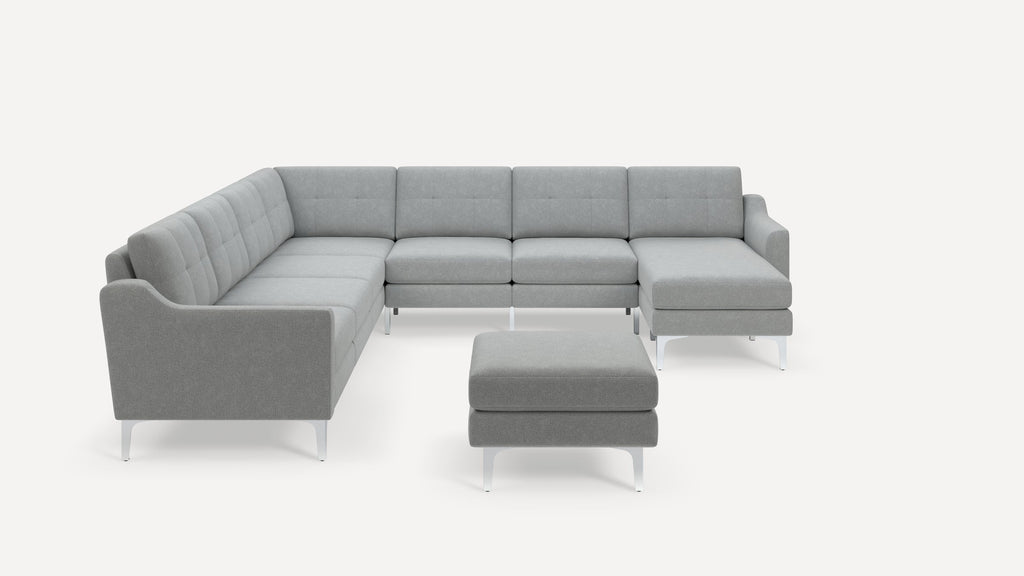 Nomad Plus 7-Seat Corner Sectional with Chaise and Ottoman - Crushed Gravel - Performance Chenille / Chrome - Metal / Slope Arm