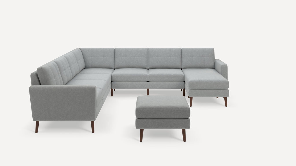 Nomad Plus 7-Seat Corner Sectional with Chaise and Ottoman - Crushed Gravel - Performance Chenille / Walnut - Wood / Block Arm