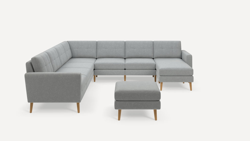 Nomad Plus 7-Seat Corner Sectional with Chaise and Ottoman - Crushed Gravel - Performance Chenille / Oak - Wood / Block Arm