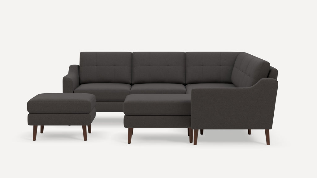 Nomad Plus 5-Seat Corner Sectional with Chaise and Ottoman - Heather Charcoal - Performance Chenille / Walnut - Wood / Slope Arm