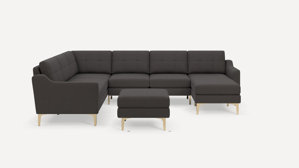 Nomad Plus 6-Seat Corner Sectional with Chaise and Ottoman - Heather Charcoal - Performance Chenille / Brass - Metal / Slope Arm