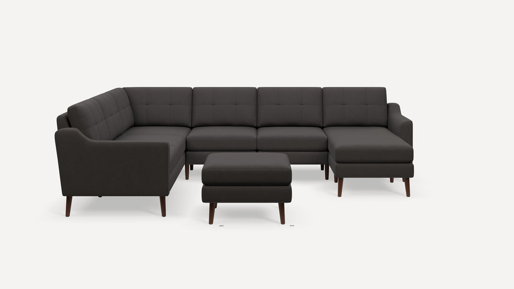 Nomad Plus 6-Seat Corner Sectional with Chaise and Ottoman - Heather Charcoal - Performance Chenille / Walnut - Wood / Slope Arm