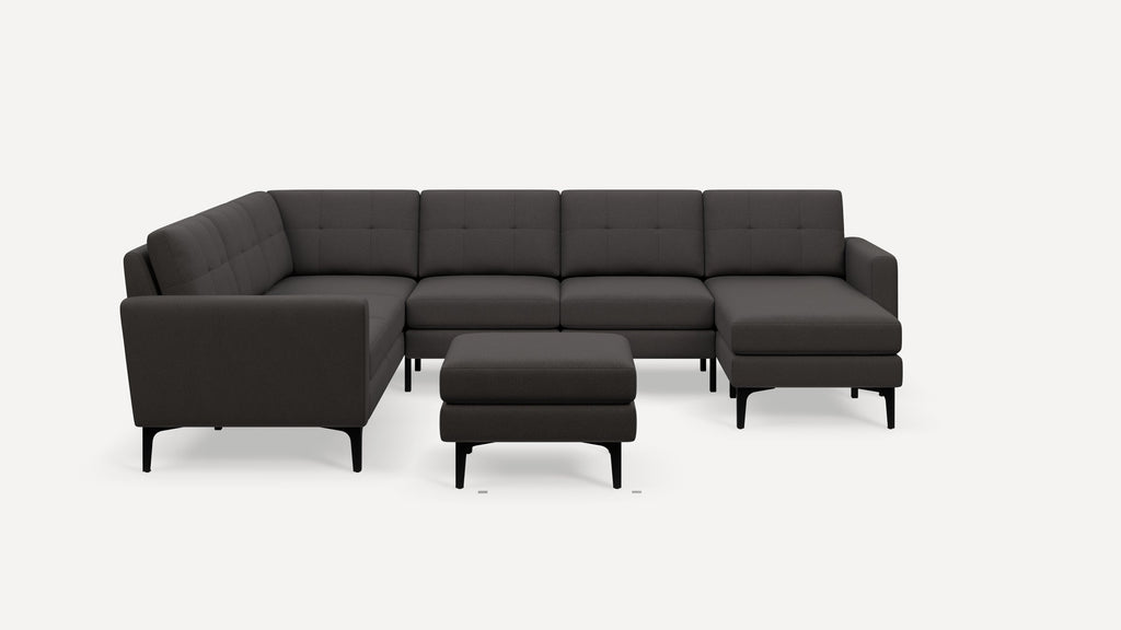 Nomad Plus 6-Seat Corner Sectional with Chaise and Ottoman - Heather Charcoal - Performance Chenille / Black - Metal / Block Arm