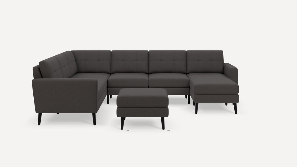Nomad Plus 6-Seat Corner Sectional with Chaise and Ottoman - Heather Charcoal - Performance Chenille / Ebony - Wood / Block Arm
