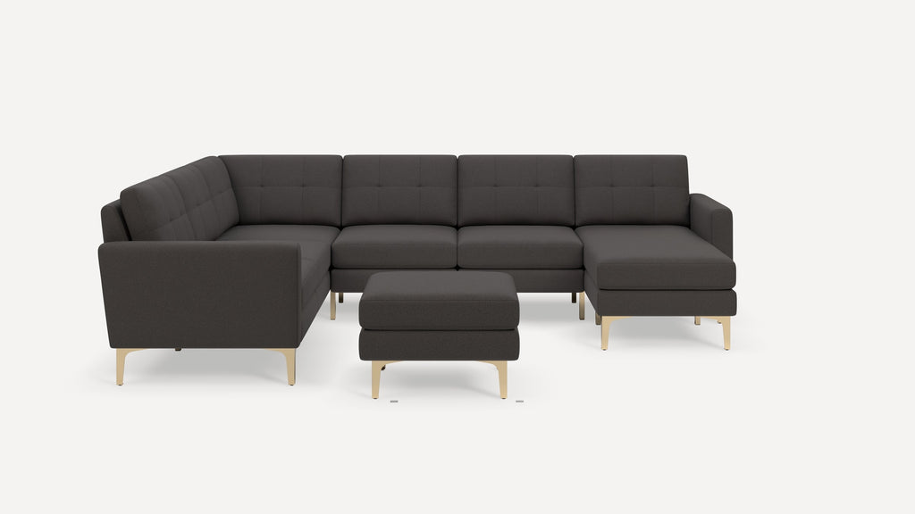 Nomad Plus 6-Seat Corner Sectional with Chaise and Ottoman - Heather Charcoal - Performance Chenille / Brass - Metal / Block Arm