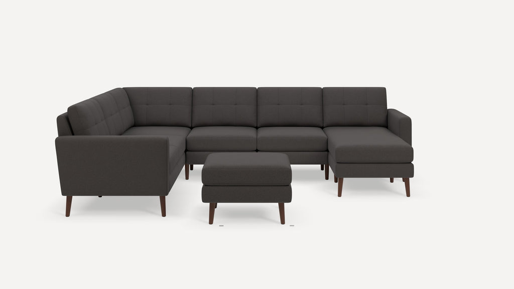 Nomad Plus 6-Seat Corner Sectional with Chaise and Ottoman - Heather Charcoal - Performance Chenille / Walnut - Wood / Block Arm