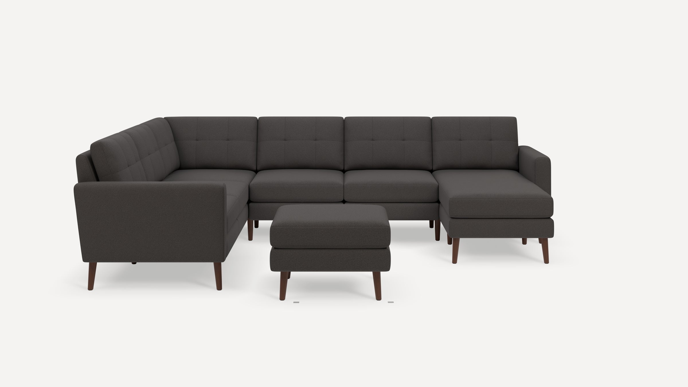 Nomad Plus 6-Seat Corner Sectional with Chaise and Ottoman - Heather Charcoal - Performance Chenille / Walnut - Wood / Block Arm