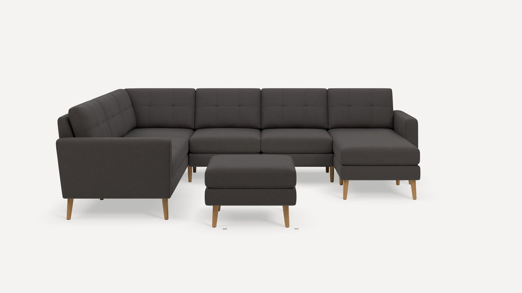 Nomad Plus 6-Seat Corner Sectional with Chaise and Ottoman - Heather Charcoal - Performance Chenille / Oak - Wood / Block Arm