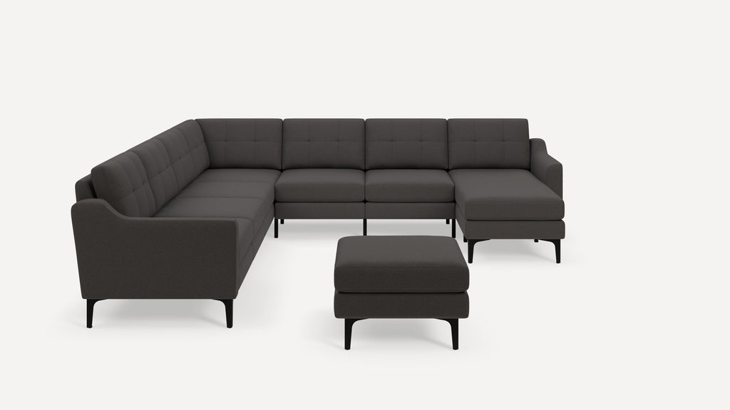 Nomad Plus 7-Seat Corner Sectional with Chaise and Ottoman - Heather Charcoal - Performance Chenille / Black - Metal / Slope Arm
