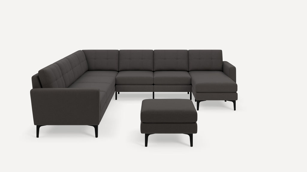 Nomad Plus 7-Seat Corner Sectional with Chaise and Ottoman - Heather Charcoal - Performance Chenille / Black - Metal / Block Arm