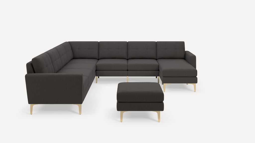 Nomad Plus 7-Seat Corner Sectional with Chaise and Ottoman - Heather Charcoal - Performance Chenille / Brass - Metal / Block Arm