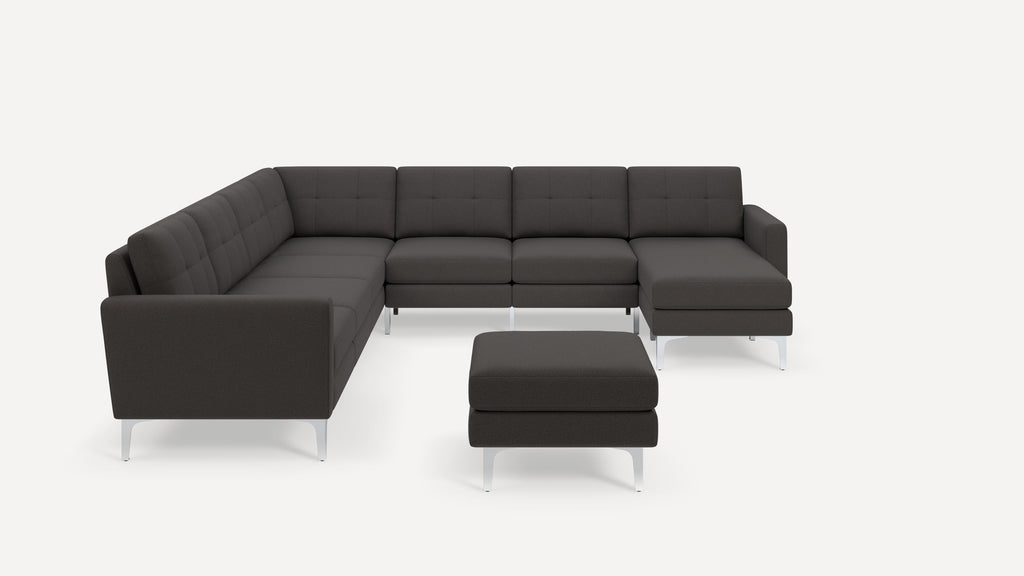 Nomad Plus 7-Seat Corner Sectional with Chaise and Ottoman - Heather Charcoal - Performance Chenille / Chrome - Metal / Block Arm