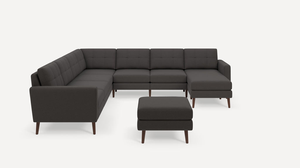 Nomad Plus 7-Seat Corner Sectional with Chaise and Ottoman - Heather Charcoal - Performance Chenille / Walnut - Wood / Block Arm