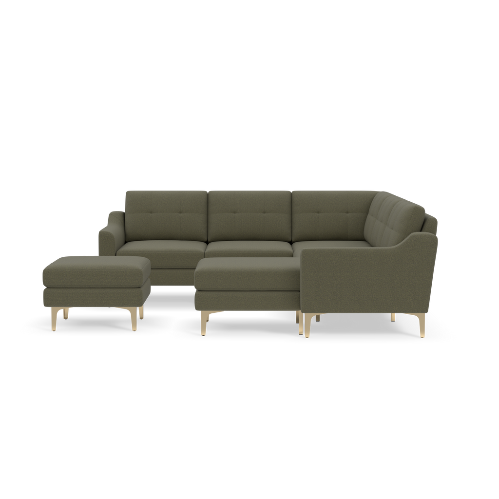 Olive green L-shaped sectional sofa with tufted cushions and gold-toned legs, including a matching ottoman.