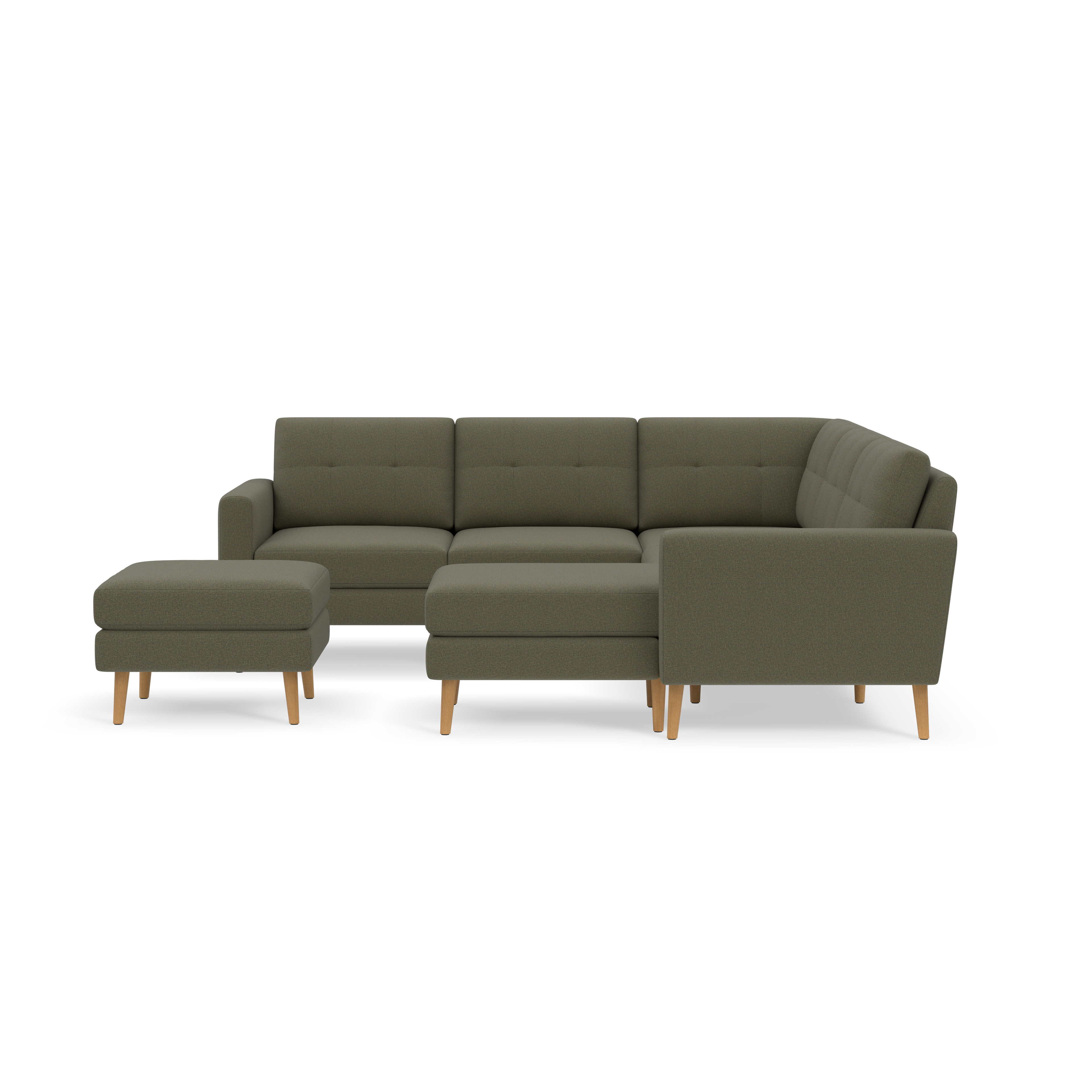 Olive green fabric L-shaped sectional sofa with tufted back cushions and wooden legs, accompanied by a matching ottoman.
