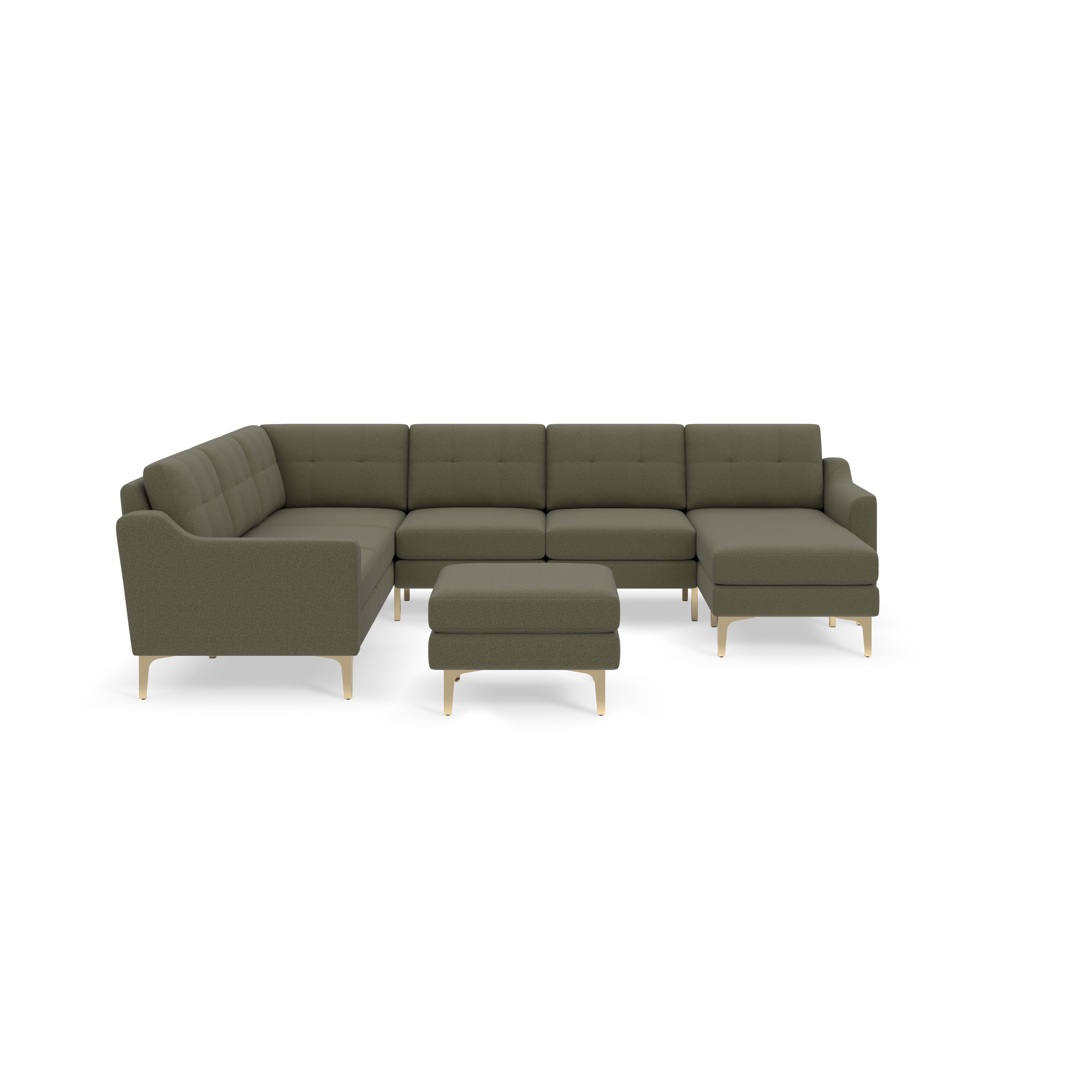 Dark Moss green L-shaped sectional sofa with tufted backrest, matching ottoman, and light wooden legs on black background.