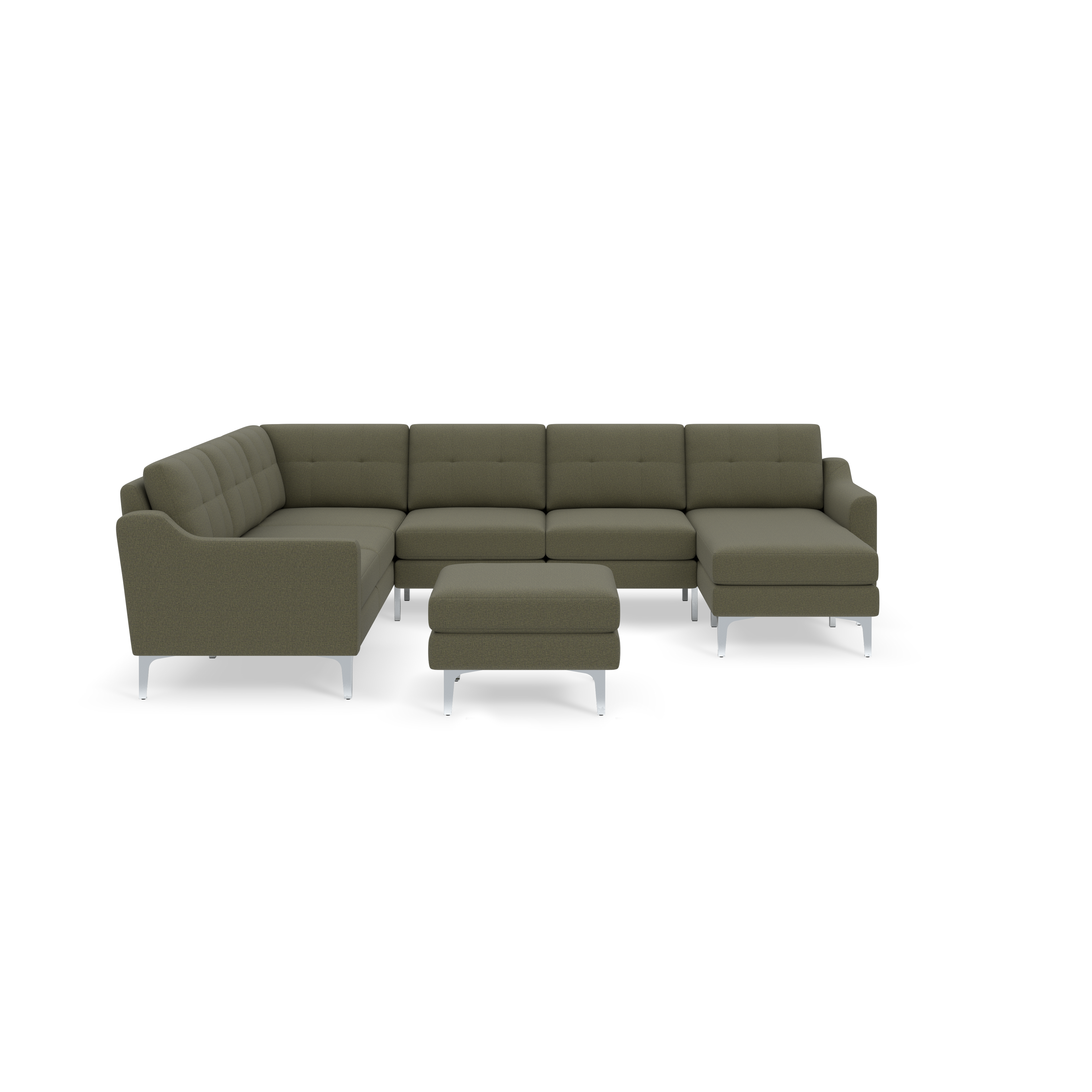 Moss green fabric sectional sofa with tufted back cushions and chrome legs, including a matching ottoman.
