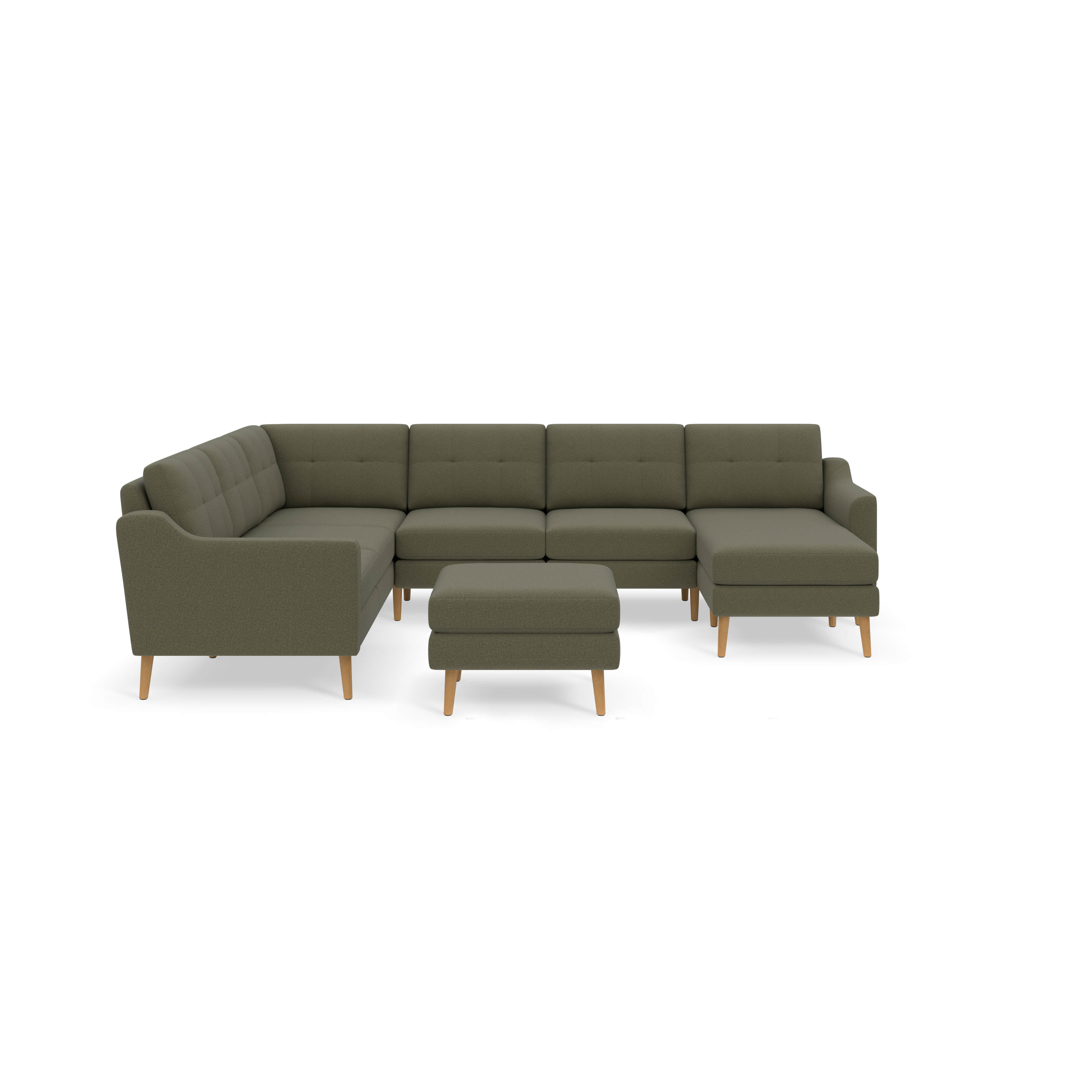 Moss green fabric sectional sofa with tufted back cushions and matching ottoman on wooden legs against black background.