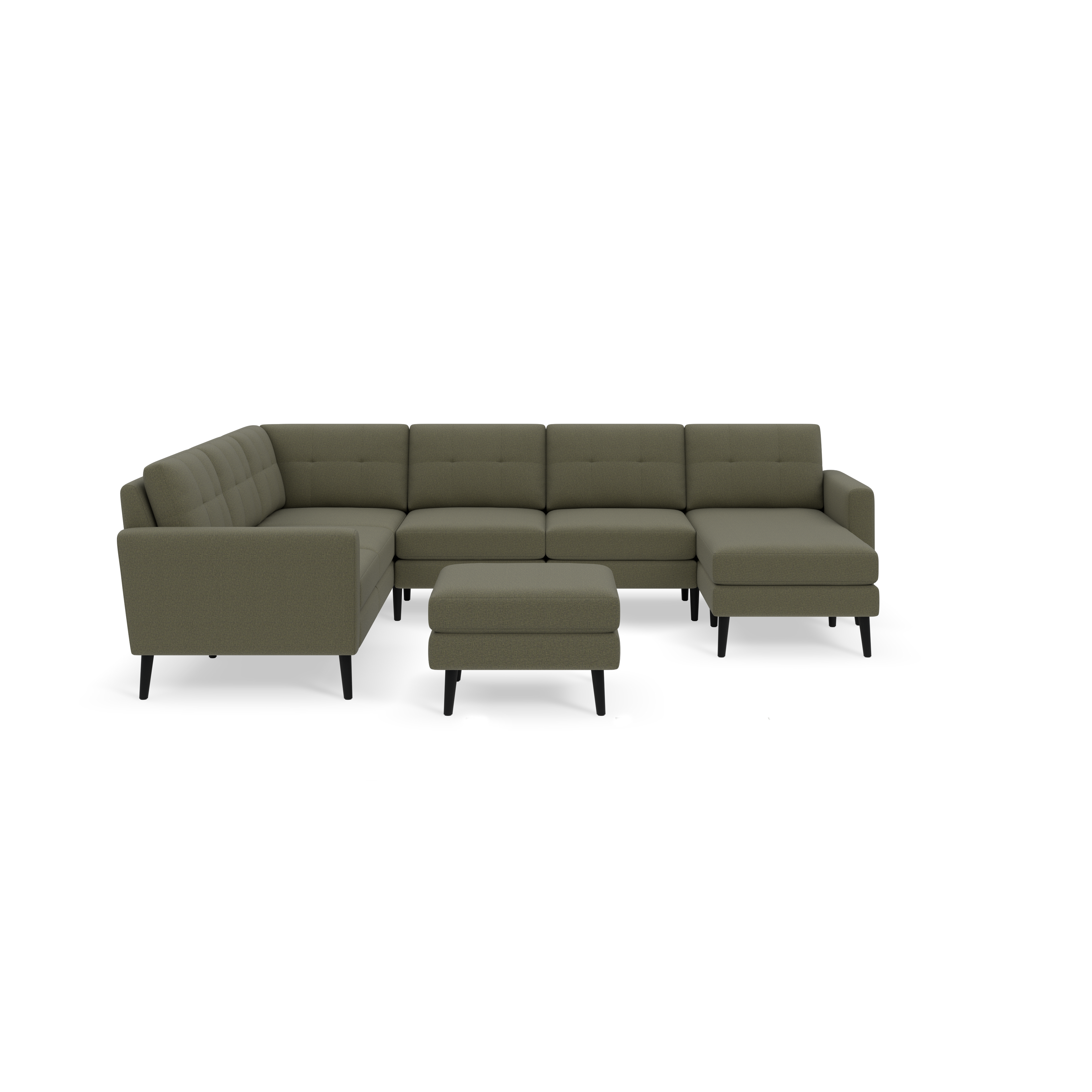 Modern Moss green fabric sectional sofa with tufted back cushions and matching ottoman, supported by dark wooden legs.