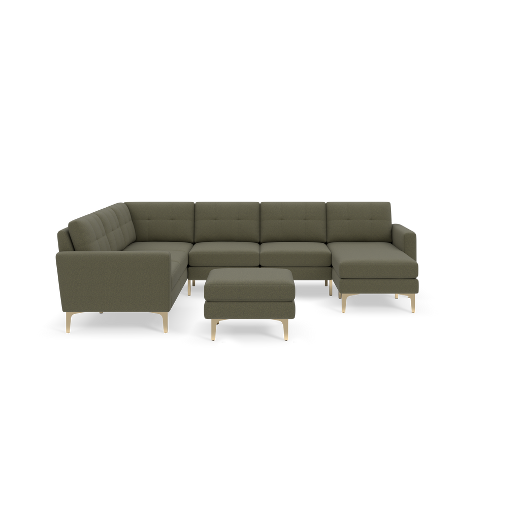 Modern Moss green sectional sofa with gold metal legs and matching ottoman, featuring tufted cushions and clean lines.