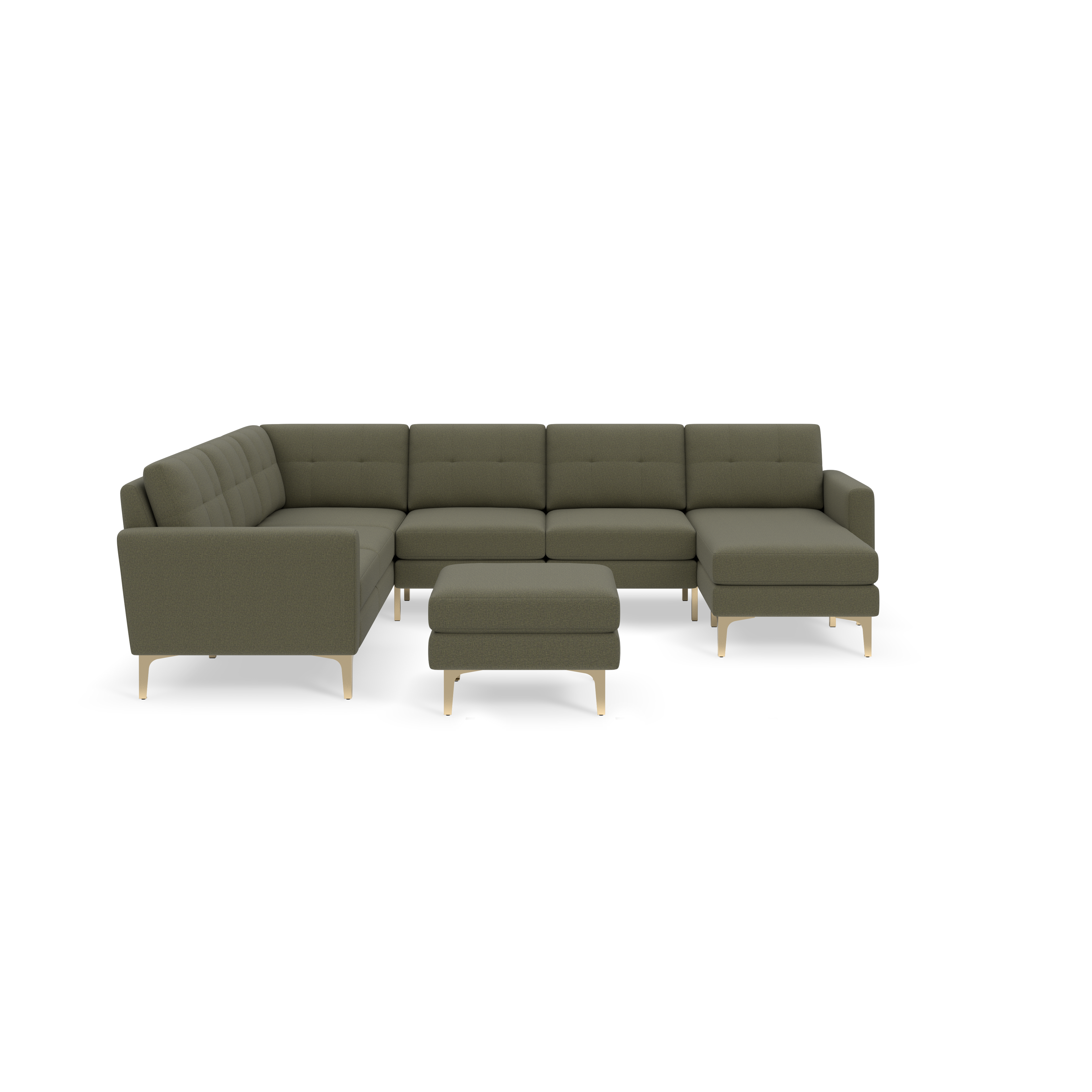 Modern Moss green sectional sofa with gold metal legs and matching ottoman, featuring tufted cushions and clean lines.