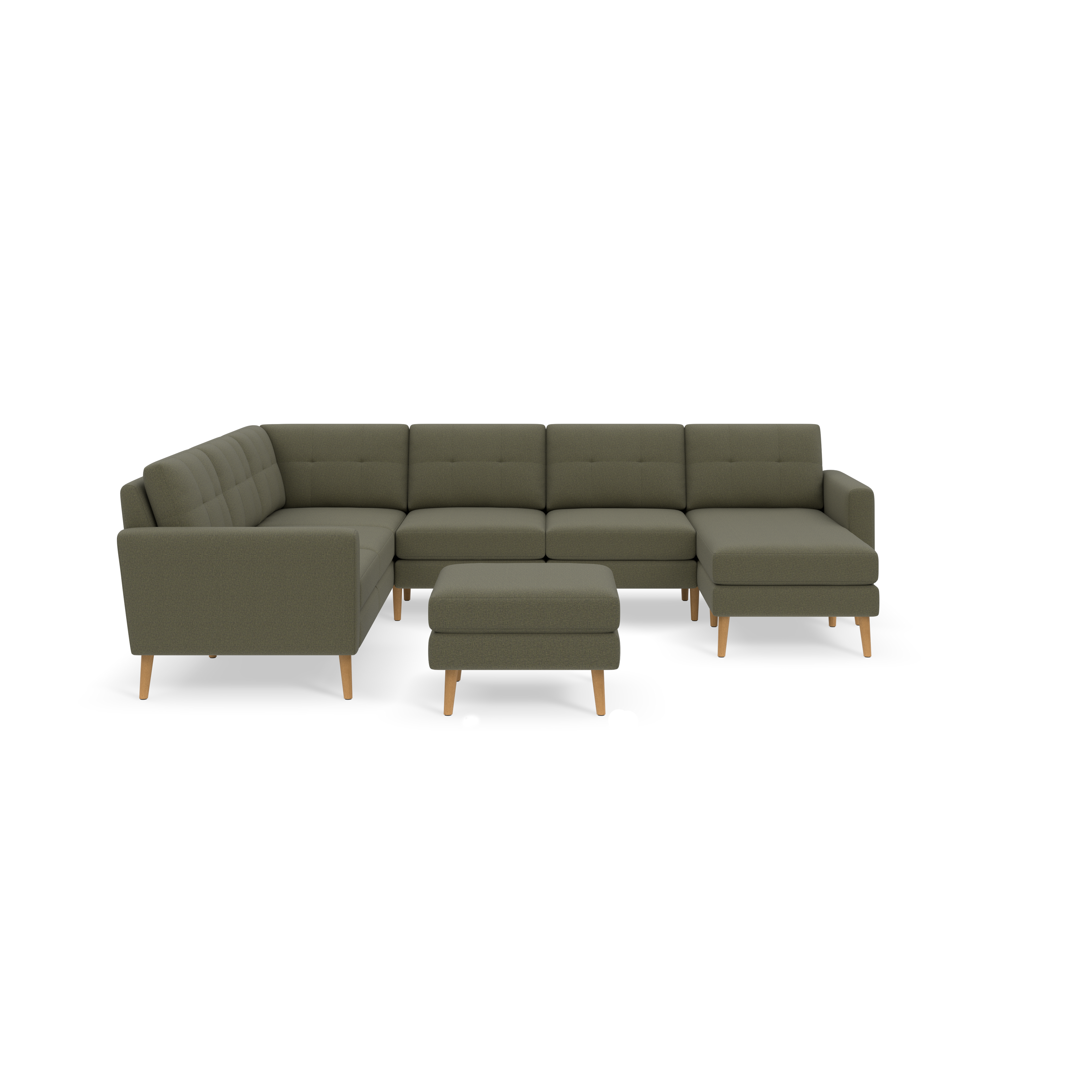 Modern Moss green fabric sectional sofa with tufted backrests, wooden legs, and matching ottoman on black background.